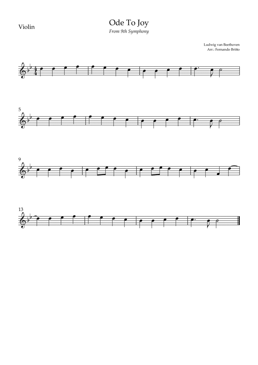 Ode To Joy (from Beethoven's 9th Symphony) for Violin Solo (arr. Fernando Britto)