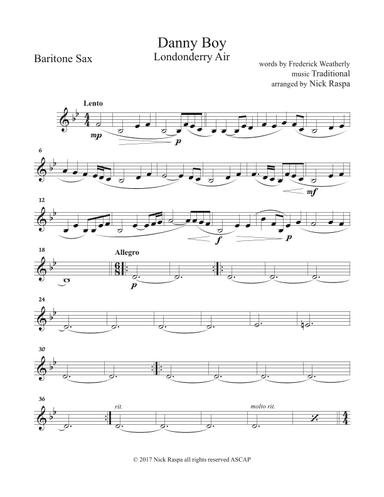 Danny Boy for Saxophone Quintet - Baritone Sax part (arr. Nick Raspa)