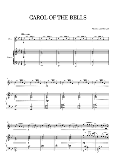 Carol of the Bells (Very Easy/Beginner) (for Oboe and Piano) (arr. Cadenza Editions)