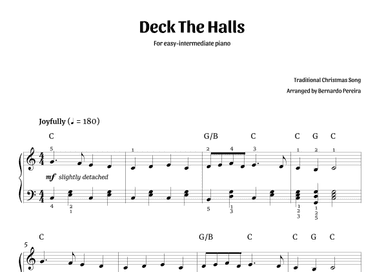 Deck The Halls (easy-intermediate piano – C major) (arr. Bernardo Pereira)