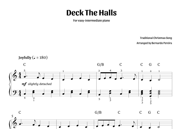 Deck The Halls (easy-intermediate piano – C major) (arr. Bernardo Pereira)