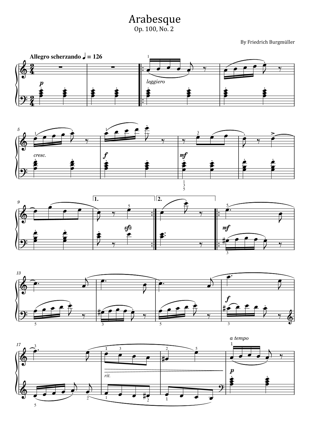 Burgmüller  Arabesque - Op.100 No.2 - For Piano Solo Original (arr. poon)