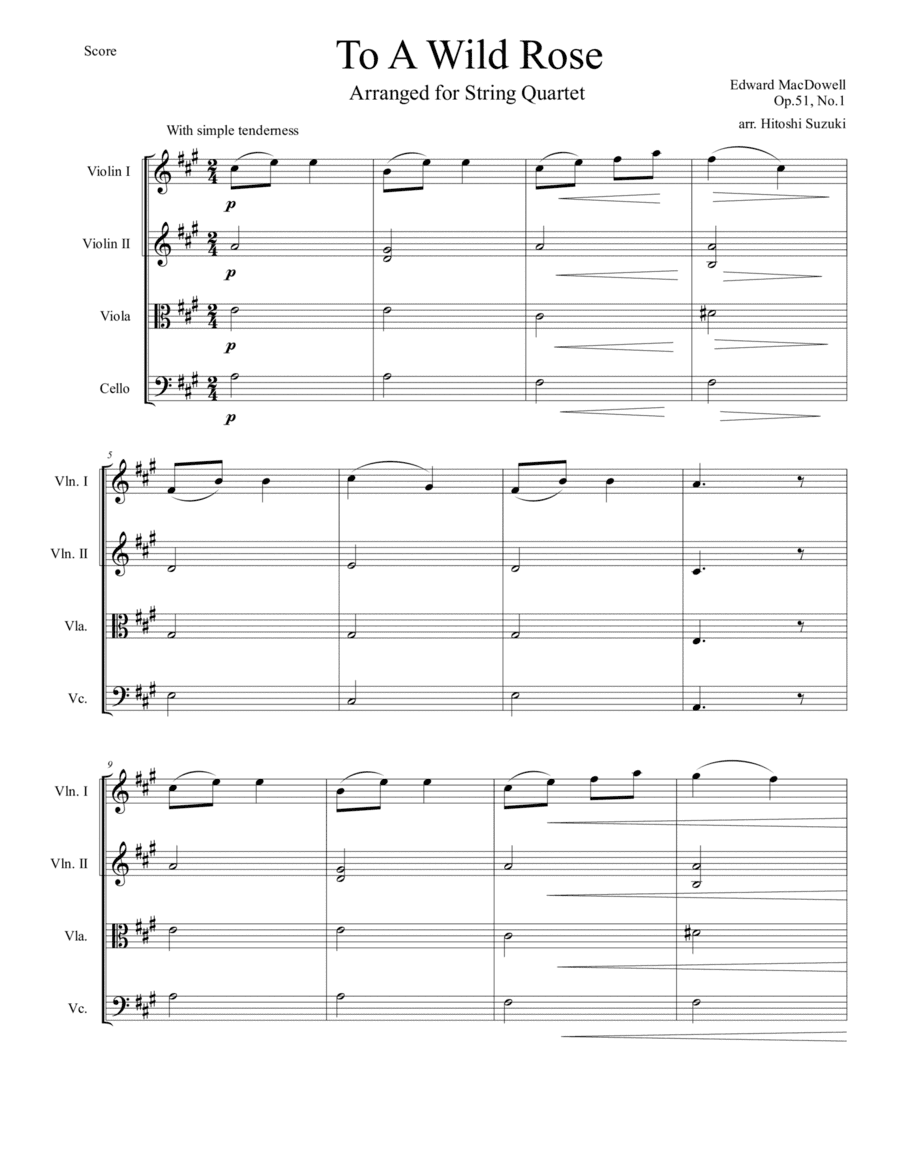 To A Wild Rose arranged for String Quartet (arr. Hitoshi Suzuki)