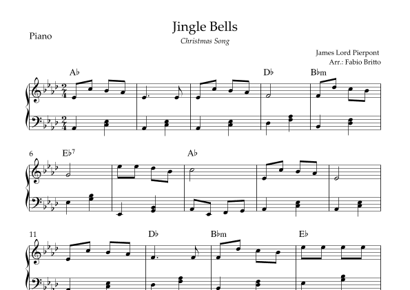 Jingle Bells (Christmas Song) for Easy Piano Solo with Chords (Ab Major) (arr. Fabio Britto)