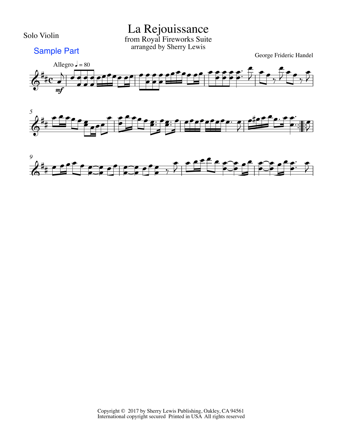 LA REJOUISSANCE from Royal Fireworks for Solo Violin, Intermediate Level (arr. Sherry Lewis)
