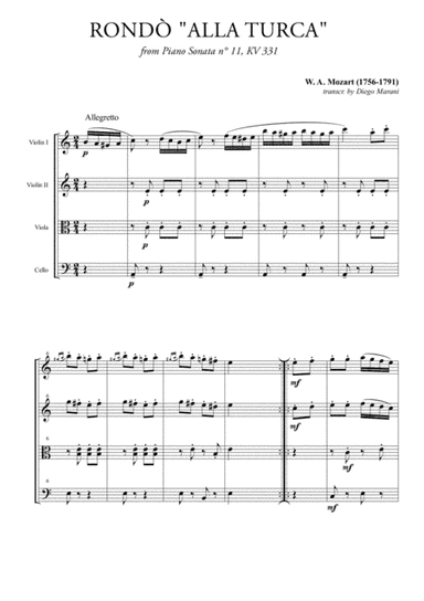 Rondò alla Turca (Turkish March) for String Quartet (arr. Diego Marani)
