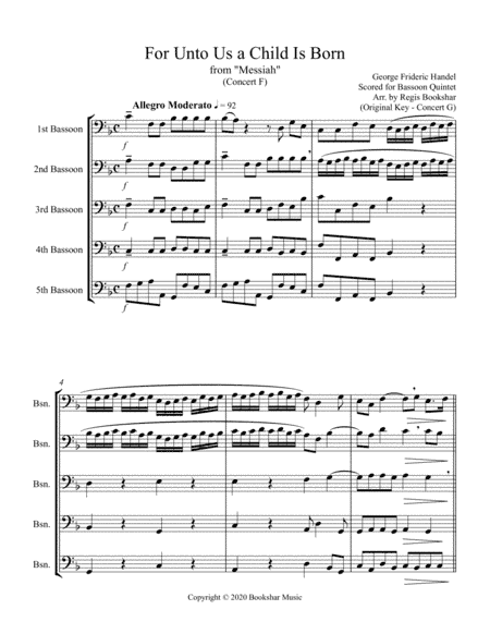 For Unto Us a Child is Born (from "Messiah") (F) (Bassoon Quintet) (arr. Regis Bookshar)