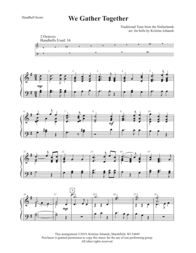 We Gather Together (2 octave handbells, tone chimes or hand chimes) Reproducible (arr. Kristine Johanek)