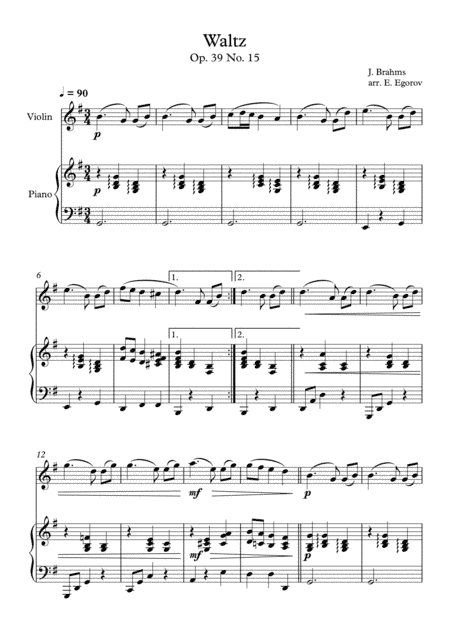 Waltz (Op. 39 No. 15), Johannes Brahms, For Violin & Piano (arr. Eugene Egorov)