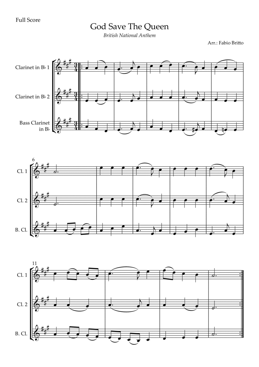 God Save The Queen (British National Anthem) for Clarinet Trio (arr. Fabio Britto)