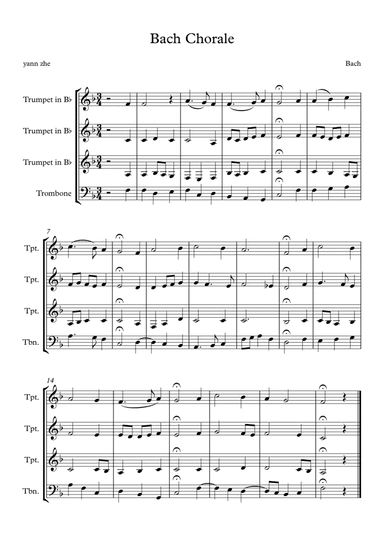 Bach Choral For 3 trumpet and trombone For beginner brass group (arr. Yann)