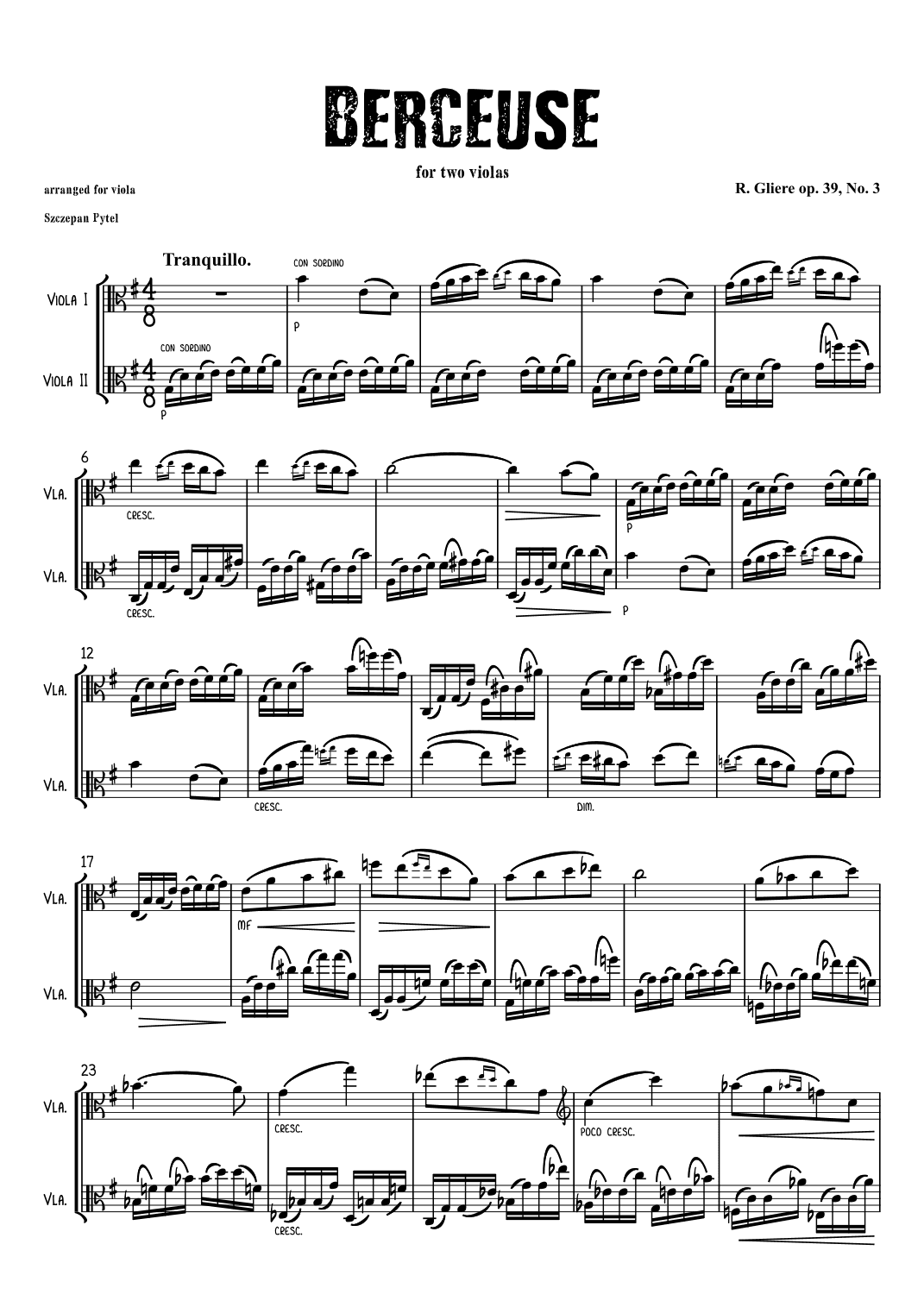 Reinhold Glière Op. 39 No. 3 Berceuse arranged for 2 violas (viola duet) by Szczepan Pytel (arr. Szczepan Pytel)