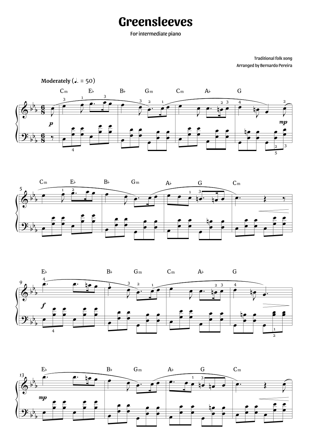 Greensleeves (intermediate piano – C minor) (arr. Bernardo Pereira)