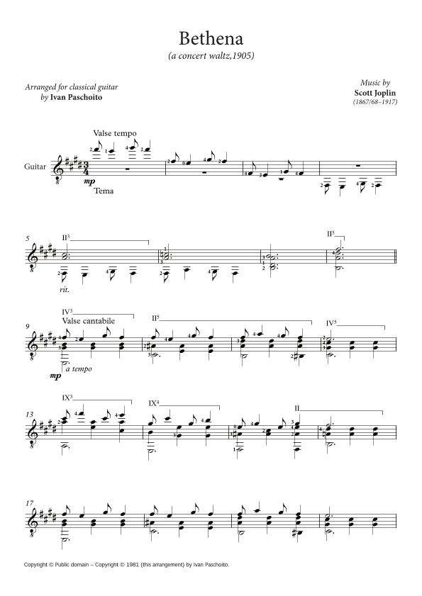 Bethena (a concert waltz, classical guitar) (arr. Ivan Paschoito)