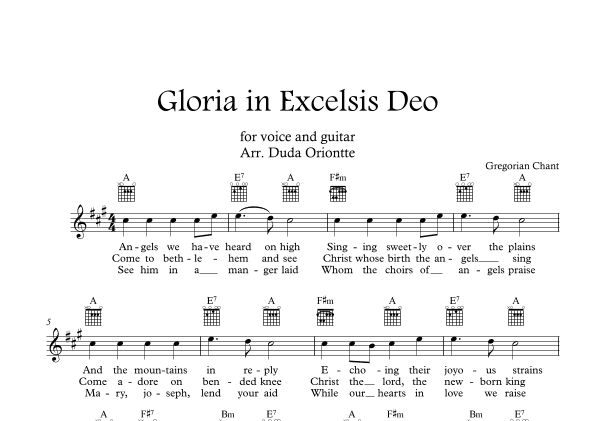 Gloria in excelsis Deo (A major - TABS - with lyrics) (arr. Duda Oriontte)