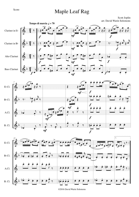 Maple Leaf Rag for clarinet quartet (E flat, B flat, alto and bass) (arr. David Warin Solomons)