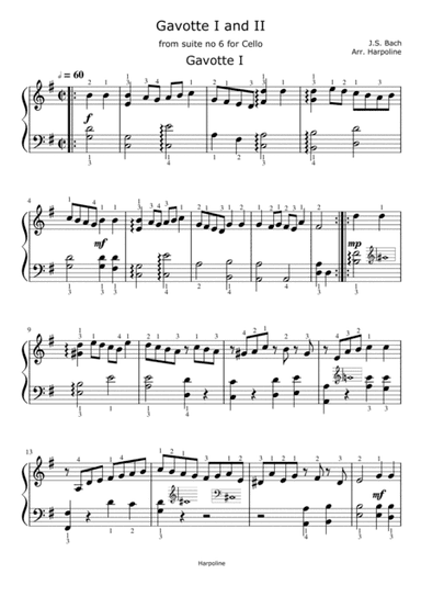 Gavotte I and II from solo suite no 6 for Cello by J.S.Bach (arr. Harpoline)