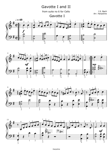 Gavotte I and II from solo suite no 6 for Cello by J.S.Bach (arr. Harpoline)