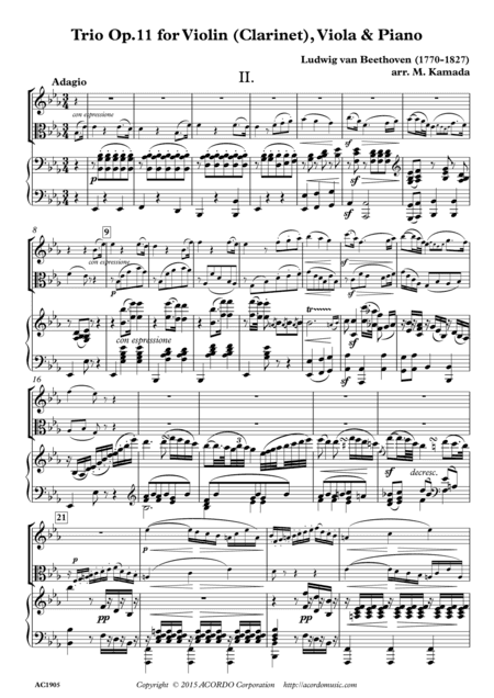 Adagio from Trio Op.11 for Violin (Clarinet), Viola & Piano (arr. Mikio Kamada)