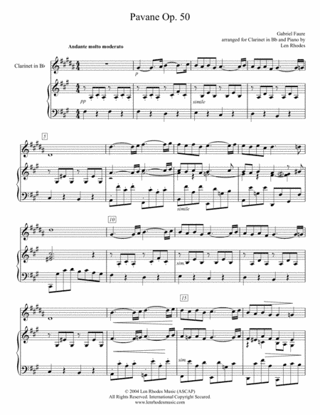 Fauré - Pavane; arranged for Clarinet in Bb and Piano. (arr. Len Rhodes)