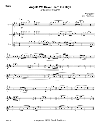 ANGELS WE HAVE HEARD ON HIGH - SAXOPHONE TRIO (SAT) - unaccompanied (arr. Glen Poehlmann)