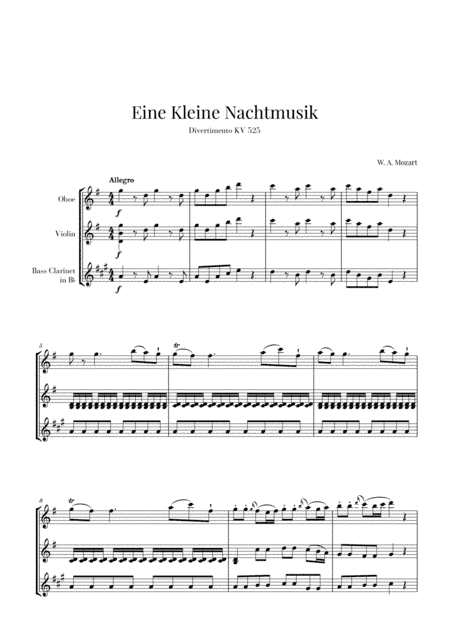 Eine Kleine Nachtmusik for Oboe, Violin and Bass Clarinet (arr. Cadenza Editions)