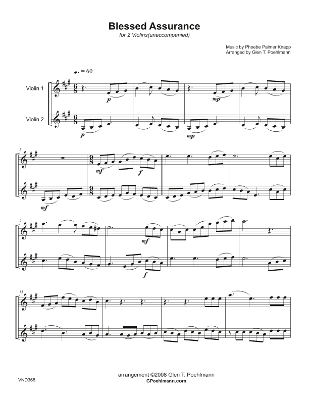 BLESSED ASSURANCE - VIOLIN DUET (unaccompanied) - Grade 3 (arr. Glen Poehlmann)