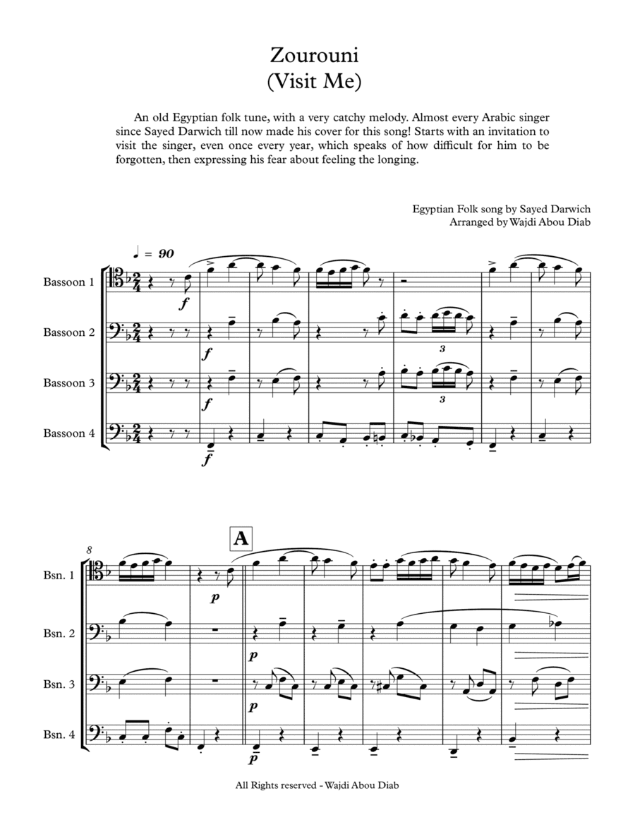 Zourouni (Arabic Song) - Bassoon Quartet (arr. Wajdi Abou Diab)