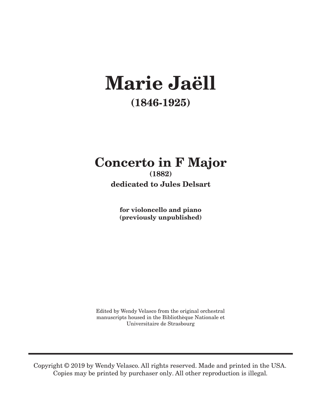 Concerto for Cello in F Major by Marie Jaëll (1846-1925) (arr. Wendy Velasco)