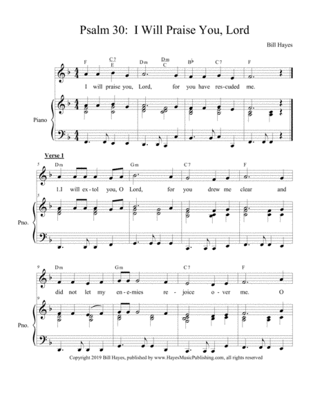 Psalm 30:  I Will Praise You, Lord (Easter Vigil, 4th psalm, piano/vocal)