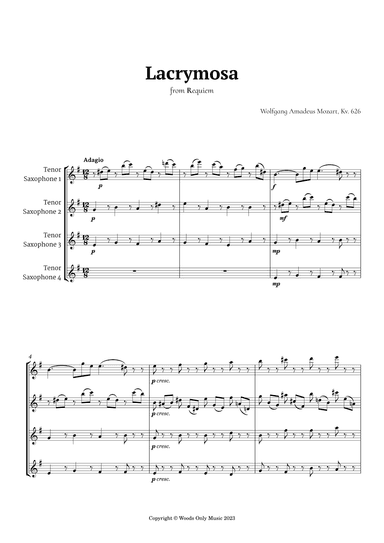 Lacrymosa by Mozart for Tenor Sax Quartet (arr. Ander)