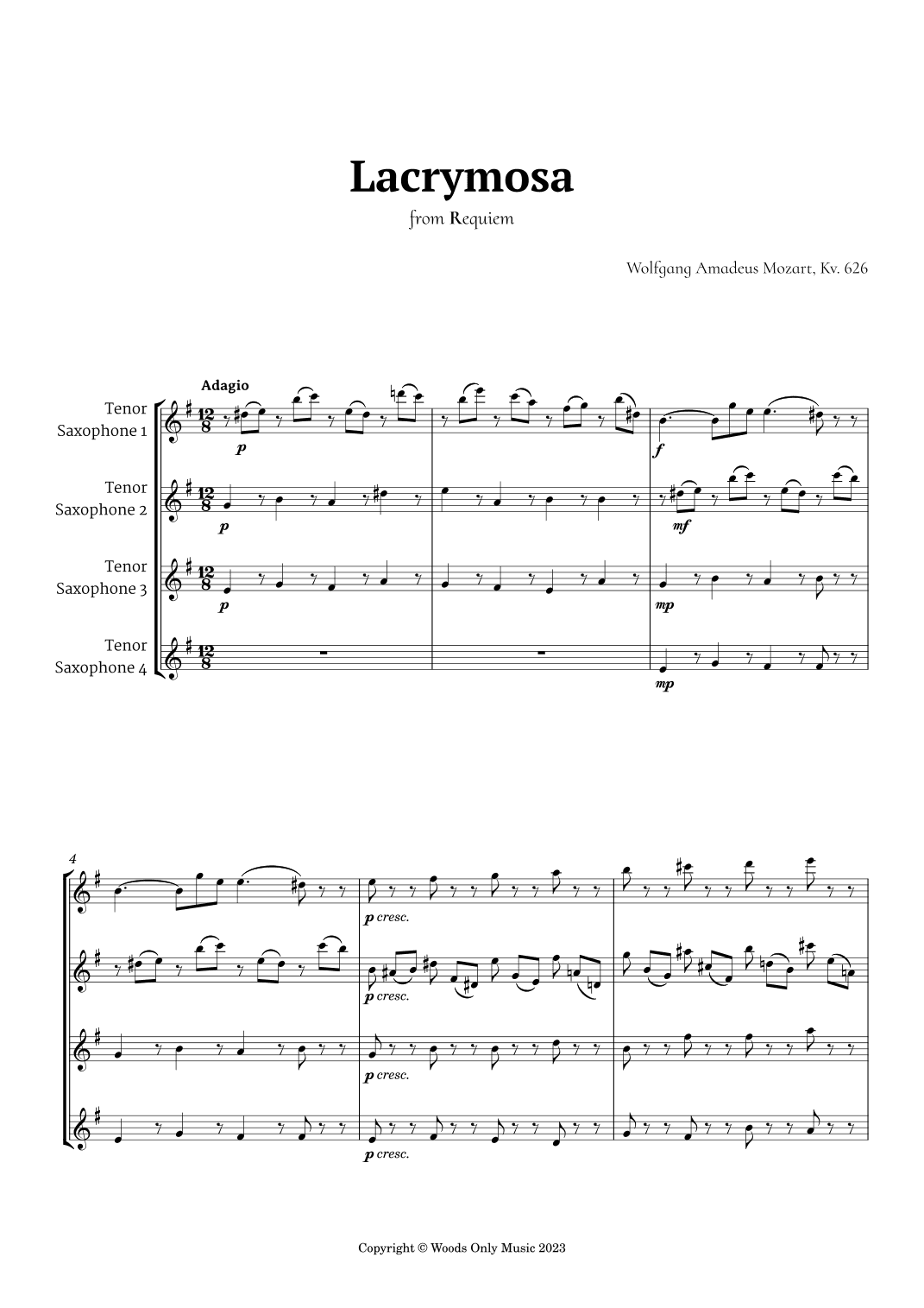 Lacrymosa by Mozart for Tenor Sax Quartet (arr. Ander)