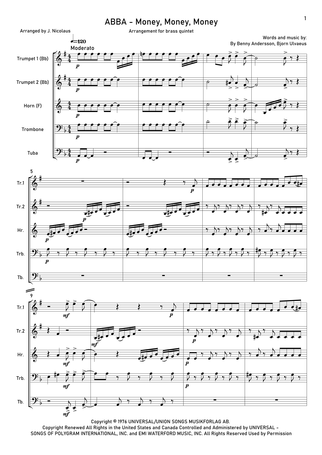 Money, Money, Money (arr. John Nicolaus)