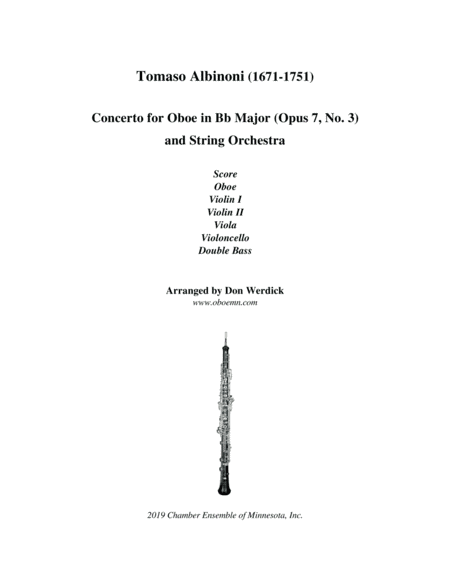 Concerto for Oboe in Bb Major, Op. 7 No. 3 and String Orchestra (arr. Don Werdick (1946 - ))