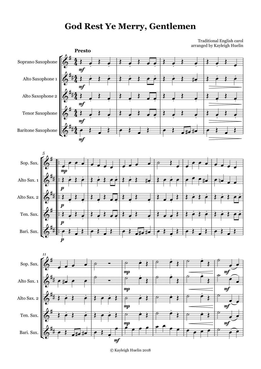 God Rest Ye Merry Gentlemen - Saxophone quintet (SAATB) (arr. Kayleigh Huelin)