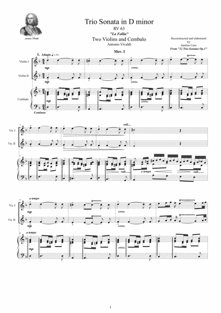 Vivaldi - Trio Sonata No.12 in D minor RV 63 Op.1 - La Follia - for Two Violins and Cembalo (arr. Santino Cara)
