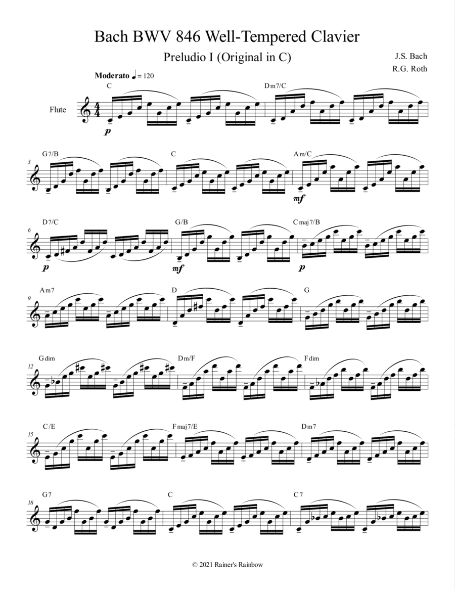 Bach BWV 846 Well Tempered Book 1 Prelude 1 in Various Keys Flute Oboe Sax (arr. R G Roth)