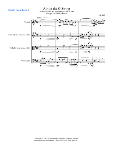 AIR ON THE G STRING for String Trio, Intermediate Level for 2 violins and cello or violin, viola and (arr. Sherry Lewis Publishing)