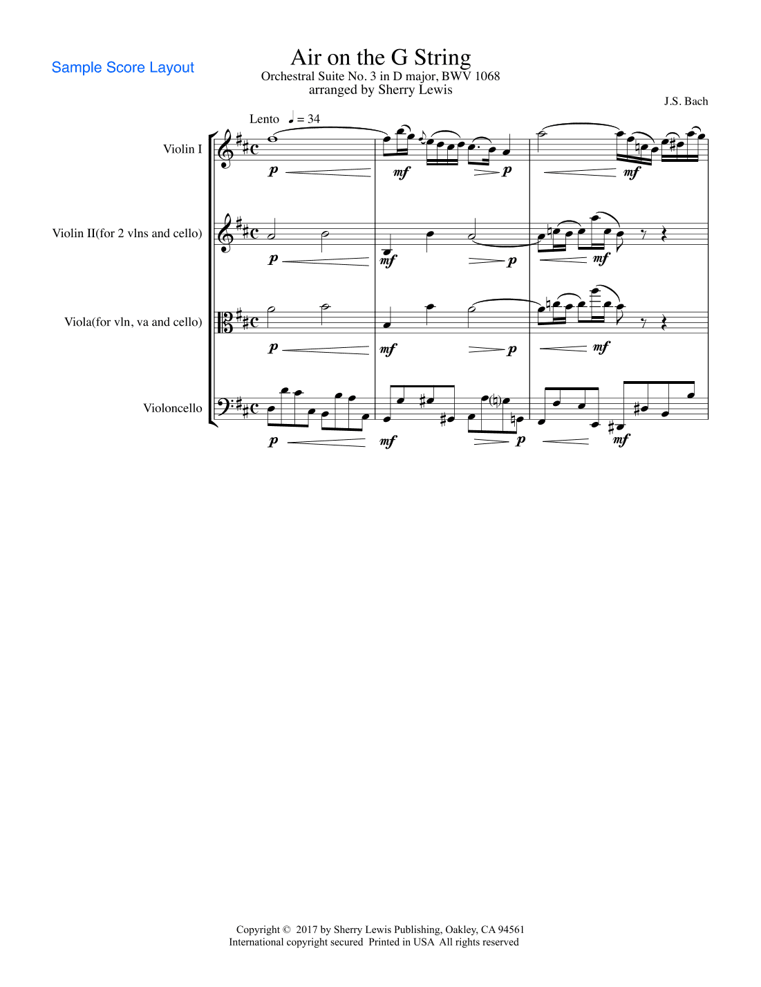 AIR ON THE G STRING for String Trio, Intermediate Level for 2 violins and cello or violin, viola and (arr. Sherry Lewis Publishing)