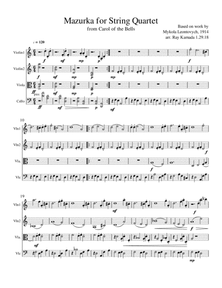 Mazurka for String Quartet, from Carol of the Bells (arr. Ray Kamada)