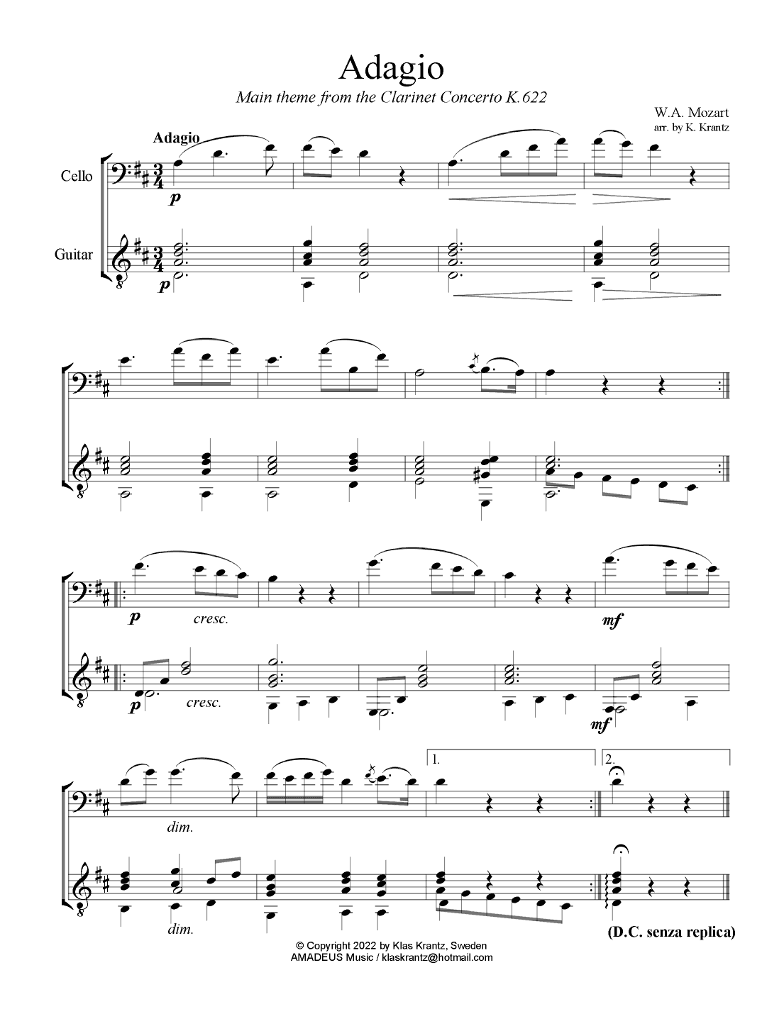 Adagio from the clarinet concerto (theme) for cello and easy guitar (arr. K. Krantz)