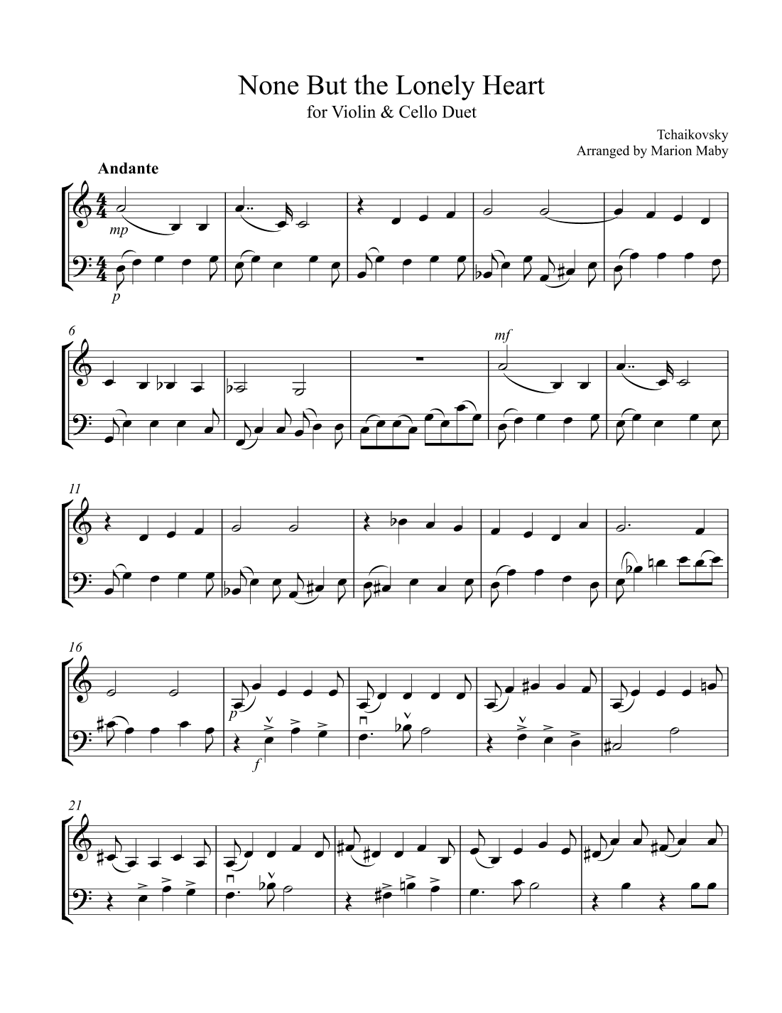 None But the Lonely Heart, arranged for Violin & Cello Duet (arr. Marion Maby)