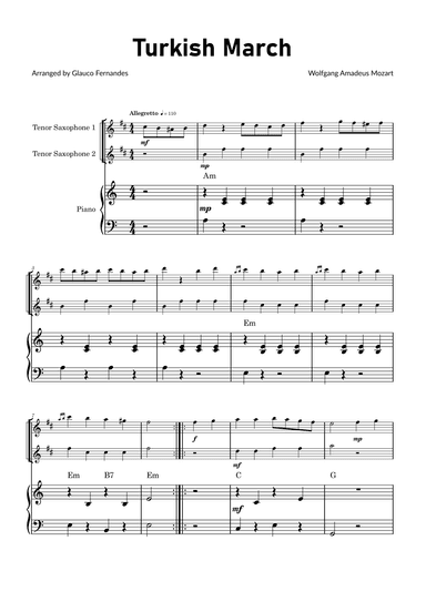 Turkish March by Mozart - Tenor Saxophone Duet with Piano and Chord Notations (arr. Glauco Fernandes)