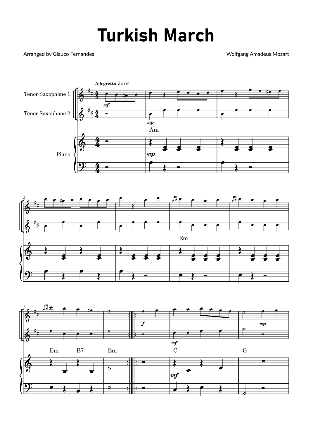 Turkish March by Mozart - Tenor Saxophone Duet with Piano and Chord Notations (arr. Glauco Fernandes)