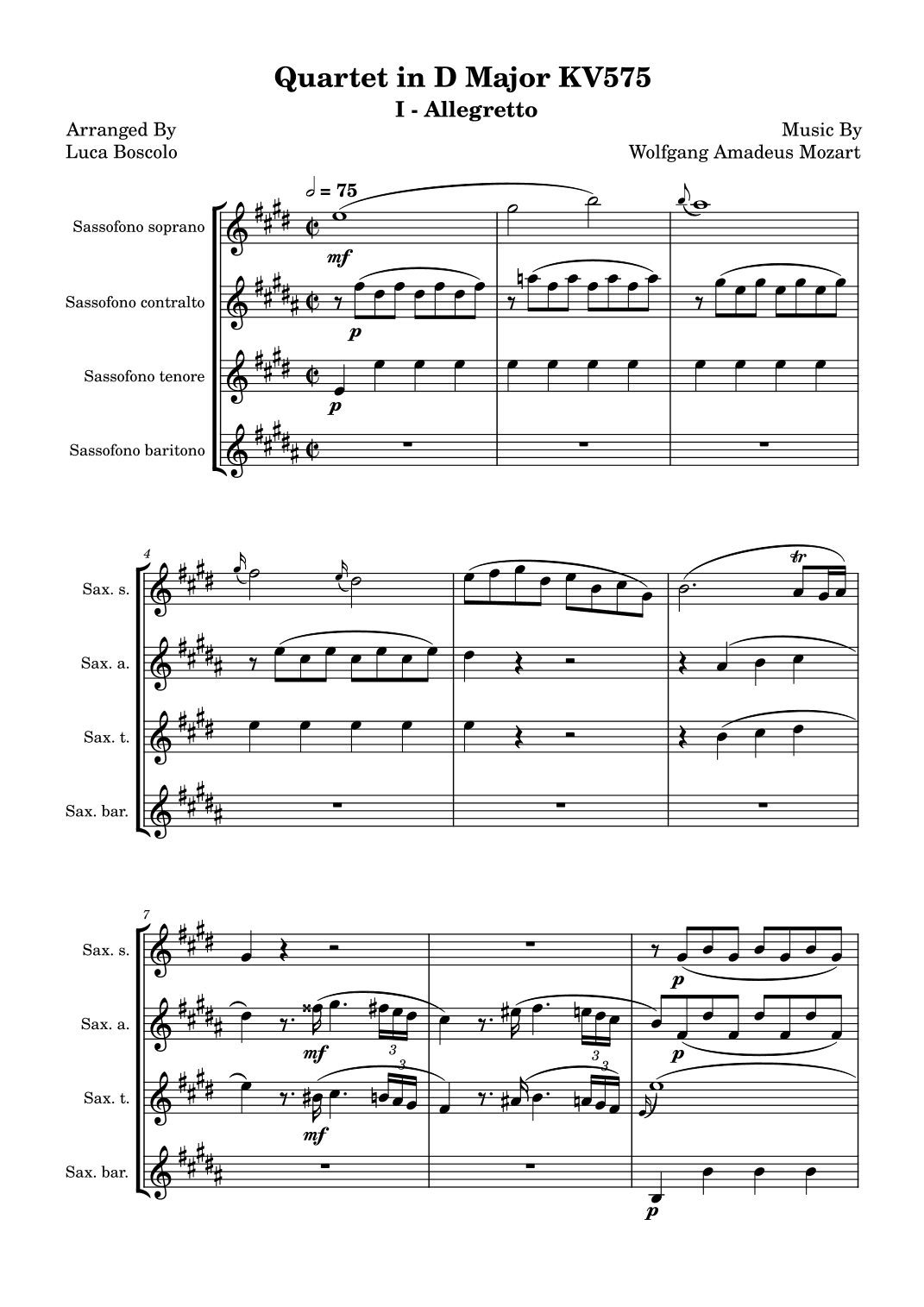 String Quartet in D Major KV575 (arr. Luca Boscolo)