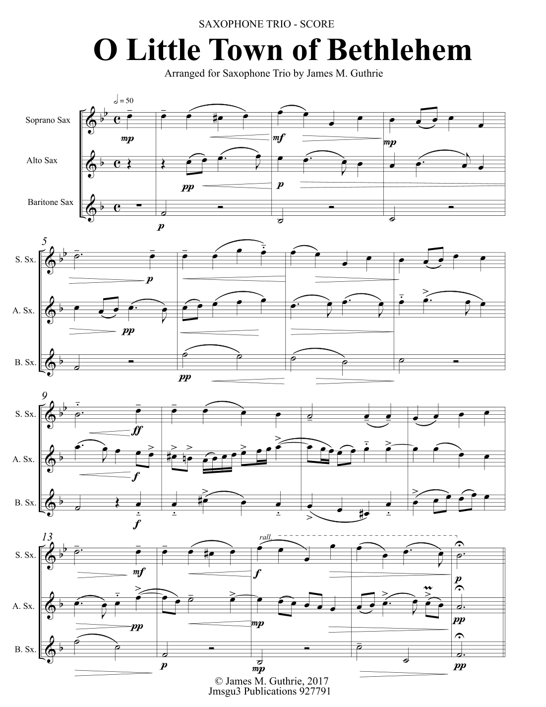 O Little Town of Bethlehem for Saxophone Trio (arr. James M. Guthrie)