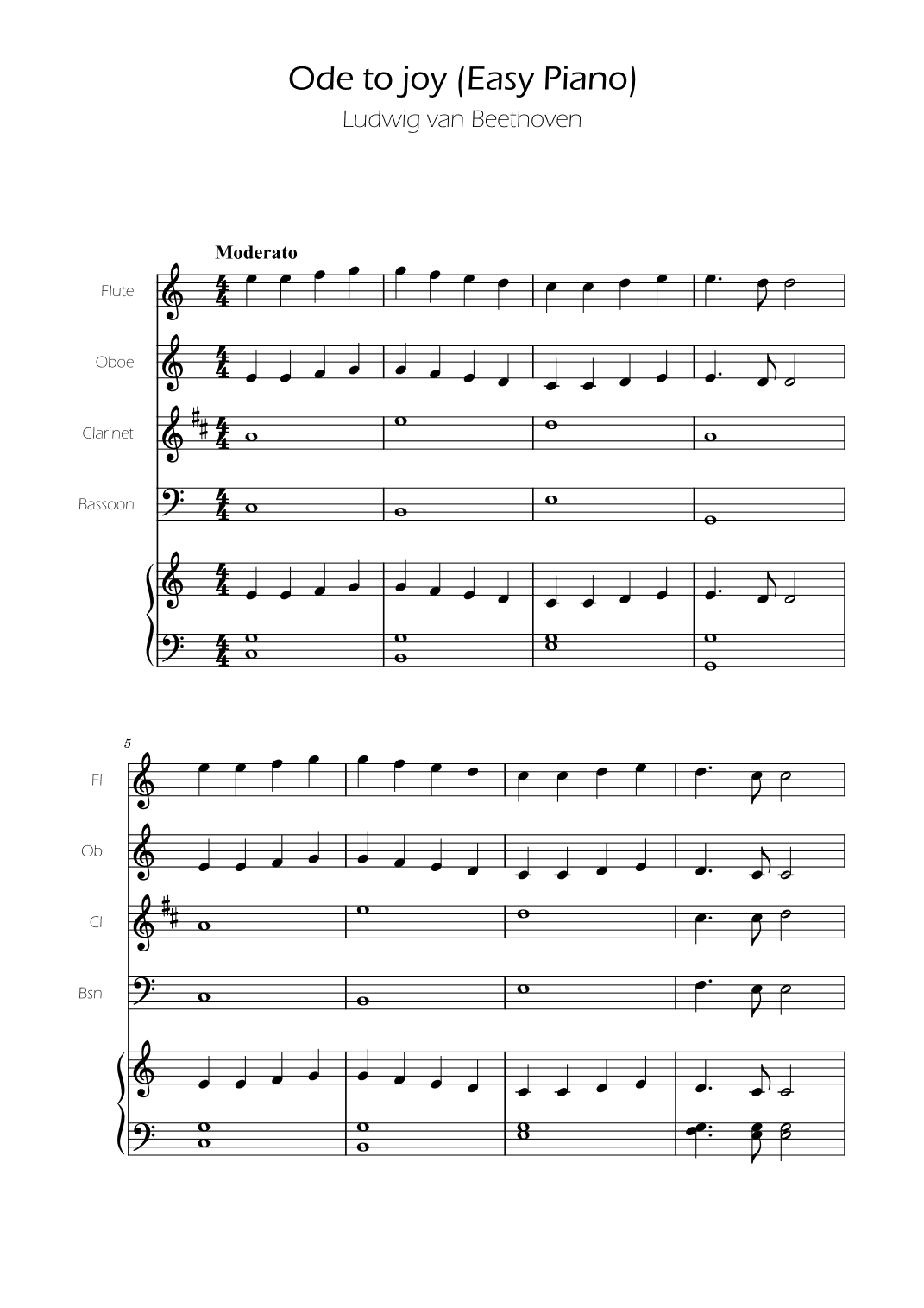 Ode To Joy - Easy Woodwind Quartet w/ Piano Accompaniment (arr. Ygor Nunes)