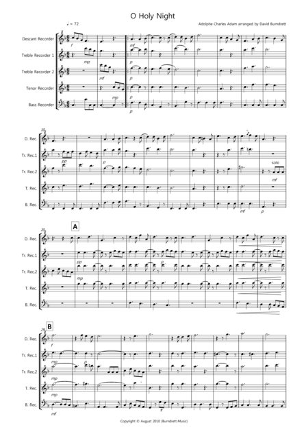 O Holy Night for Recorder Quintet (arr. David Burndrett)