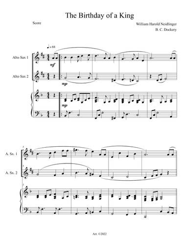 The Birthday of a King (Alto Sax Duet with Piano Accompaniment) (arr. B. C. Dockery)