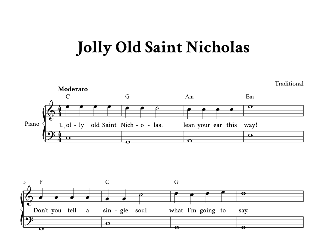 Jolly Old Saint Nicholas - Easy Piano in C (with Lyrics) (arr. Yuri Noronha)